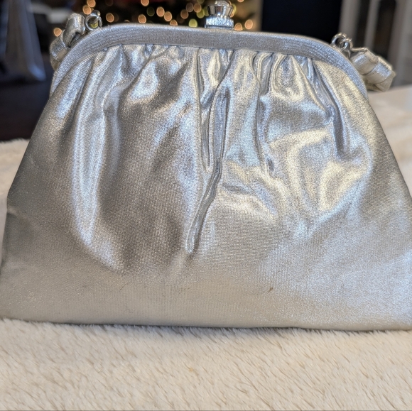 Silver Metallic Kiss Lock Evening Bag Rhinestone Clasp Vintage Style NYE Party - Picture 5 of 6